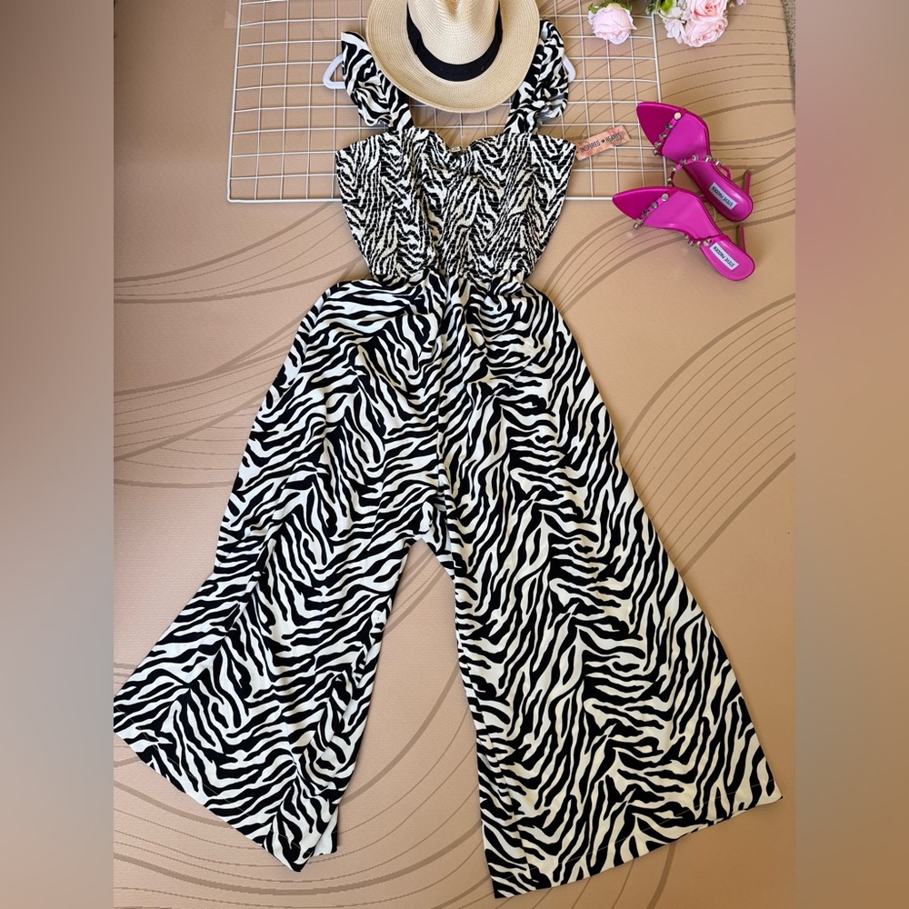 Inspired Hearts Zebra-Print Wide Leg Jumpsuit - Black & White